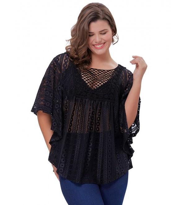 Women Plus Size Loose Semi See-Through Batwing Sleeve Lace Tops HN0020 ...