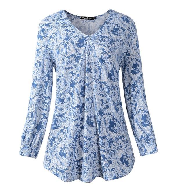 Women's Casual V Neck 3/4 Sleeve Pleat Print Blouses Tops - 7613 ...