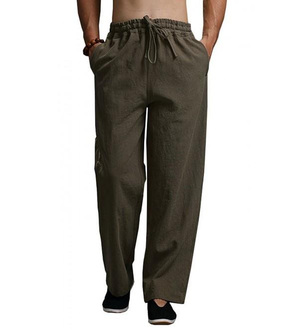 Men's Loose Casual Linen Drawstring Elastic Waist Pants Trousers - Army ...