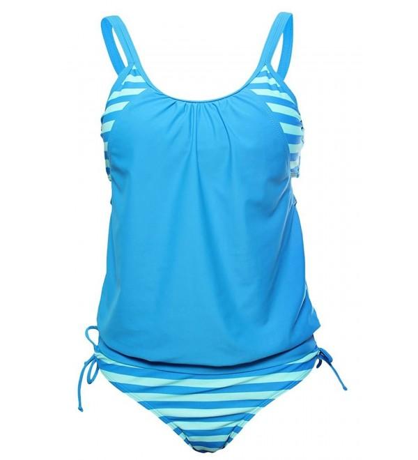 Womens Chic Stripes Lined Up Double Up Tankini Top Swimsuit Set Blue C912hiiiw9t