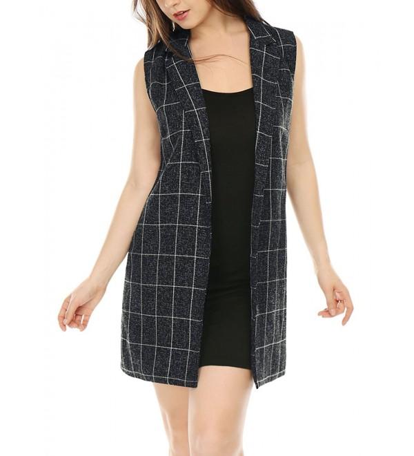 Women Open Front Textured Plaids Long Vest Blue CY12O7K45NT