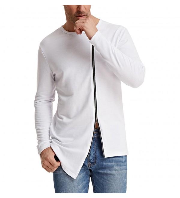 Men's Irregular Hem Long Sleeve Crew Neck Mental Zipper T-Shirt - White ...