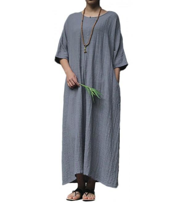 Women's Solid Casual 3/4 Sleeve Linen Maxi Dresses with Sleeves - Style ...